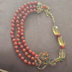 Heidi Daus Three-Strand Red Bead Necklace with Multicolor Crystal Floral Accent